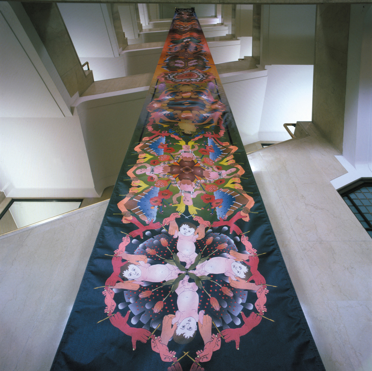 Double-sided print on fiberglass fabric | 2500 x 120 cm | Installation view, The Wellcome Trust Building, London | 2001