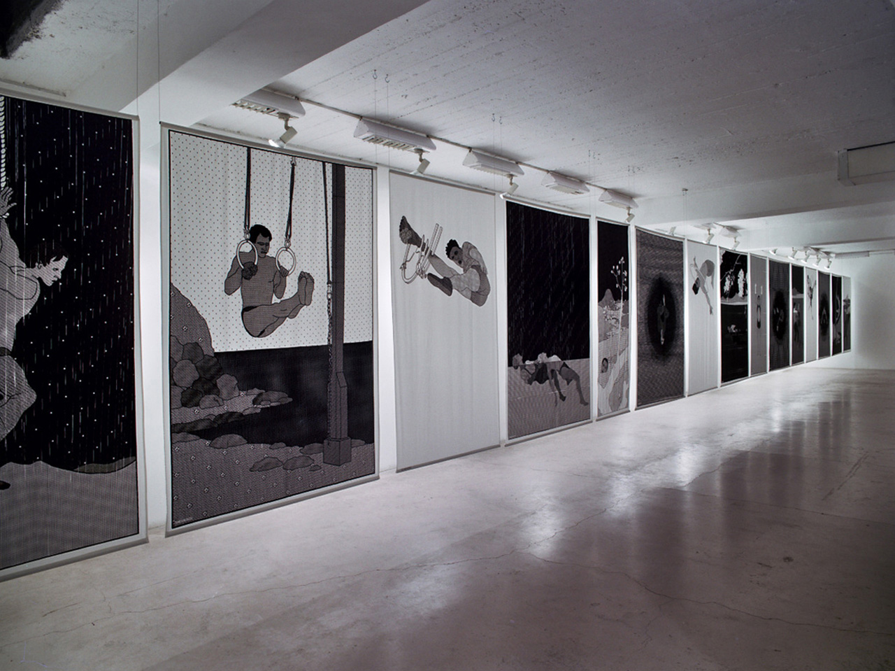 15 screen prints on cotton | 170 x 66–110 cm | Clay Sculptures | Installation view, Chelouche Gallery, Tel Aviv | 2005